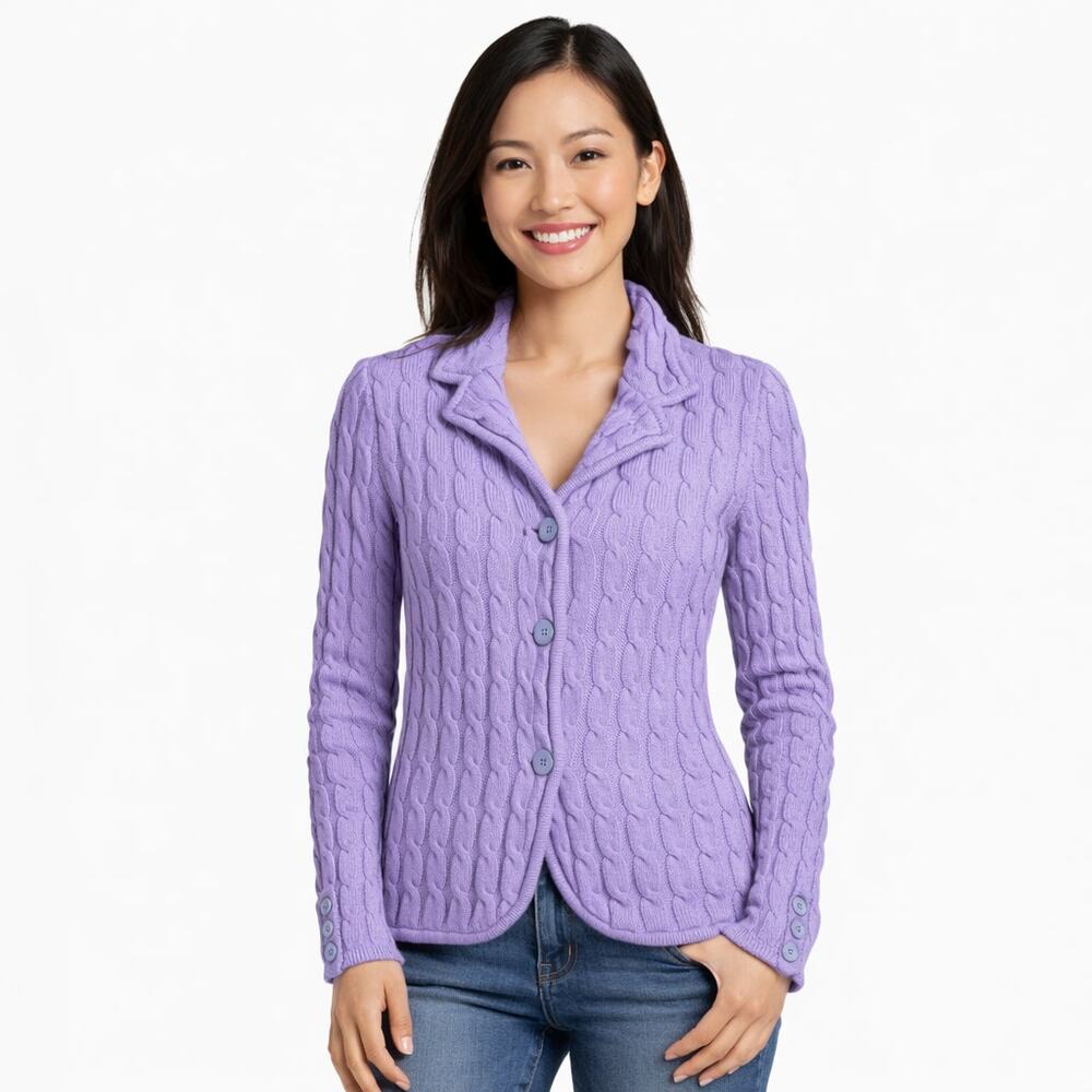 Talbots Purple Merino Wool Cable Knit Cardigan XS Petite